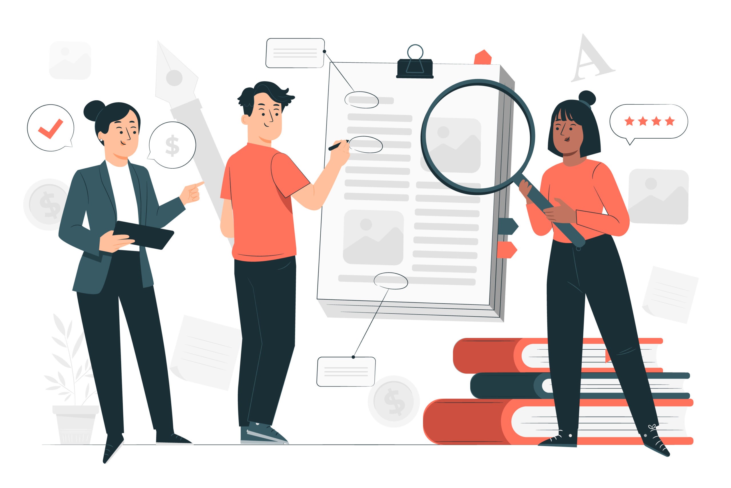 Ilustración de personas revisando documentos y datos